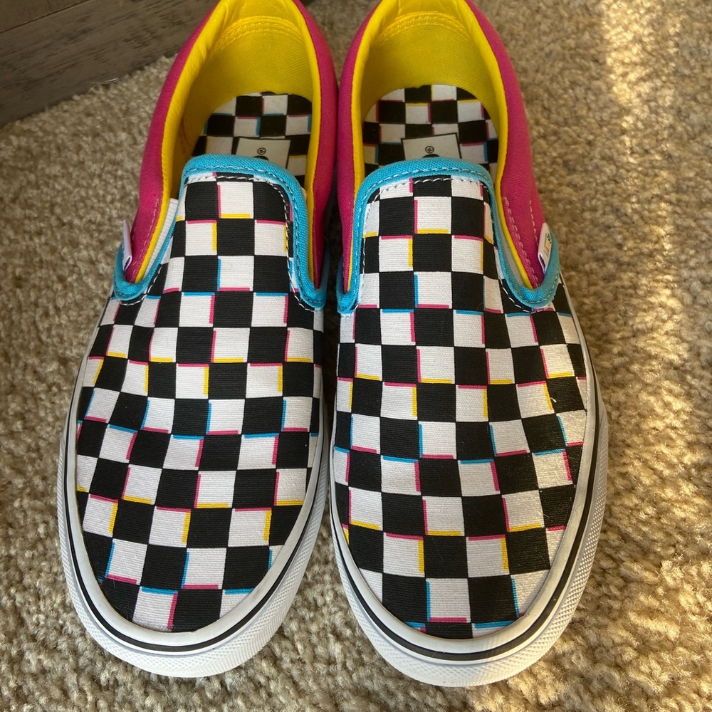 NWOT Multicolored Checkered Slip On Vans